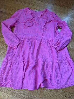 Women's Bright Pink Tiered Long-Sleeve Casual Dress